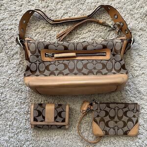 Vintage COACH Signature Canvas Leather Handbag H055-9363 w/ Wallet & Coin Purse